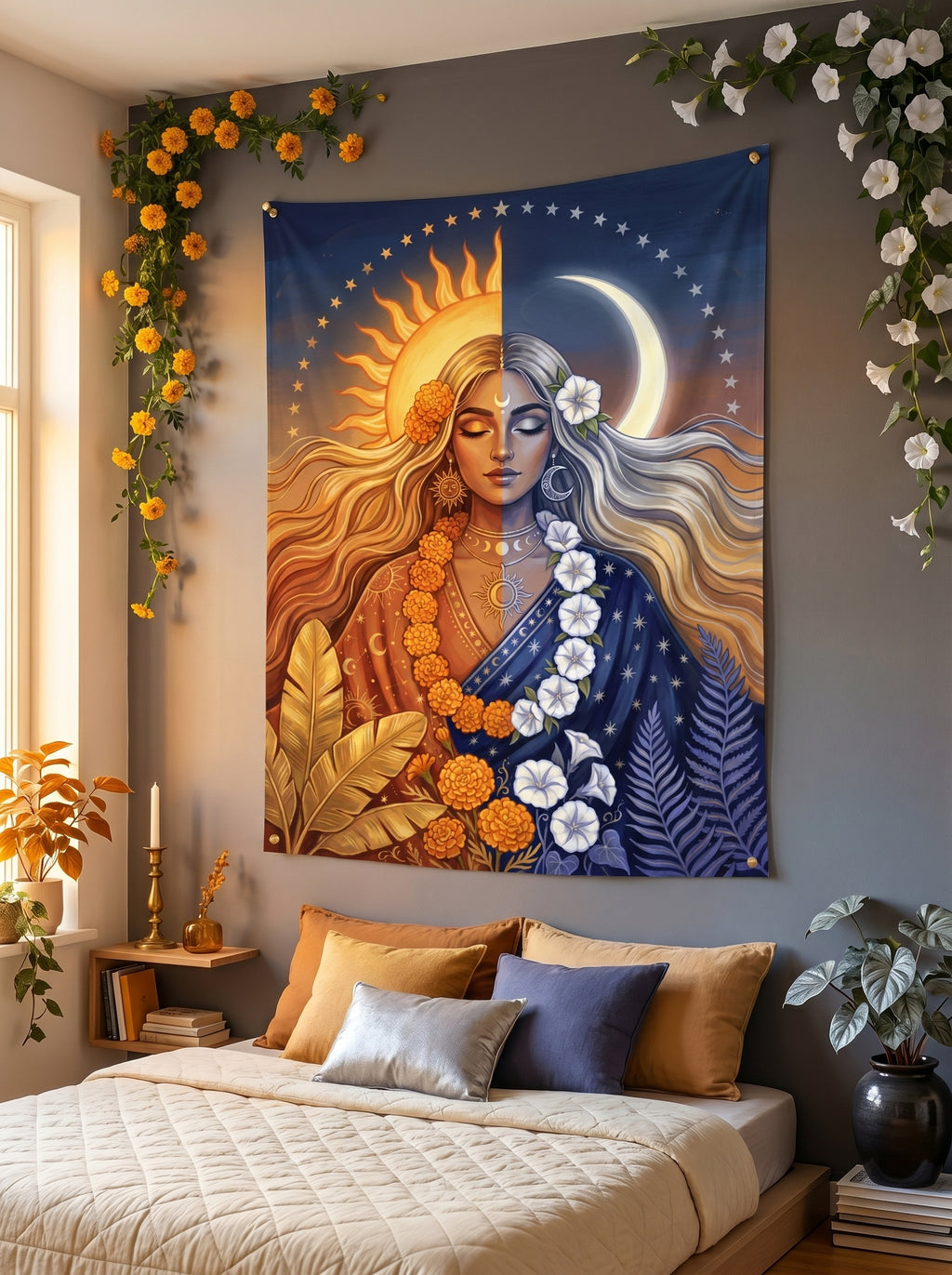 Decorative tapestry of a woman with sun and moon on a wall above a bed with colorful pillows.