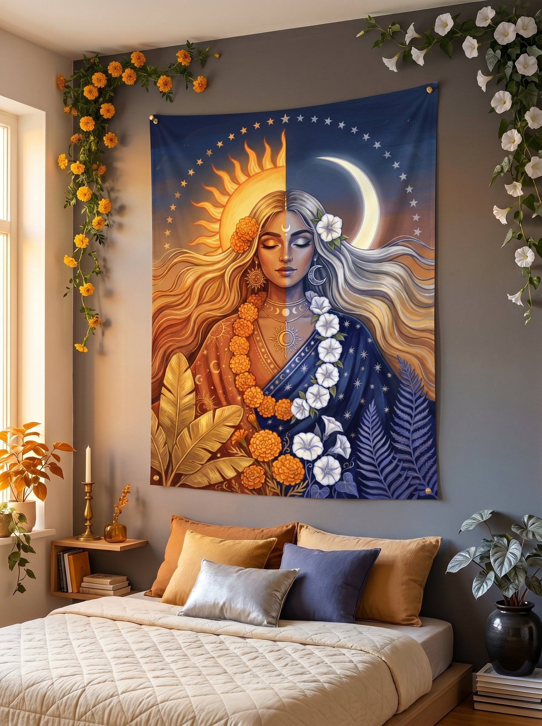 Decorative tapestry of a woman with sun and moon on a wall above a bed with colorful pillows.