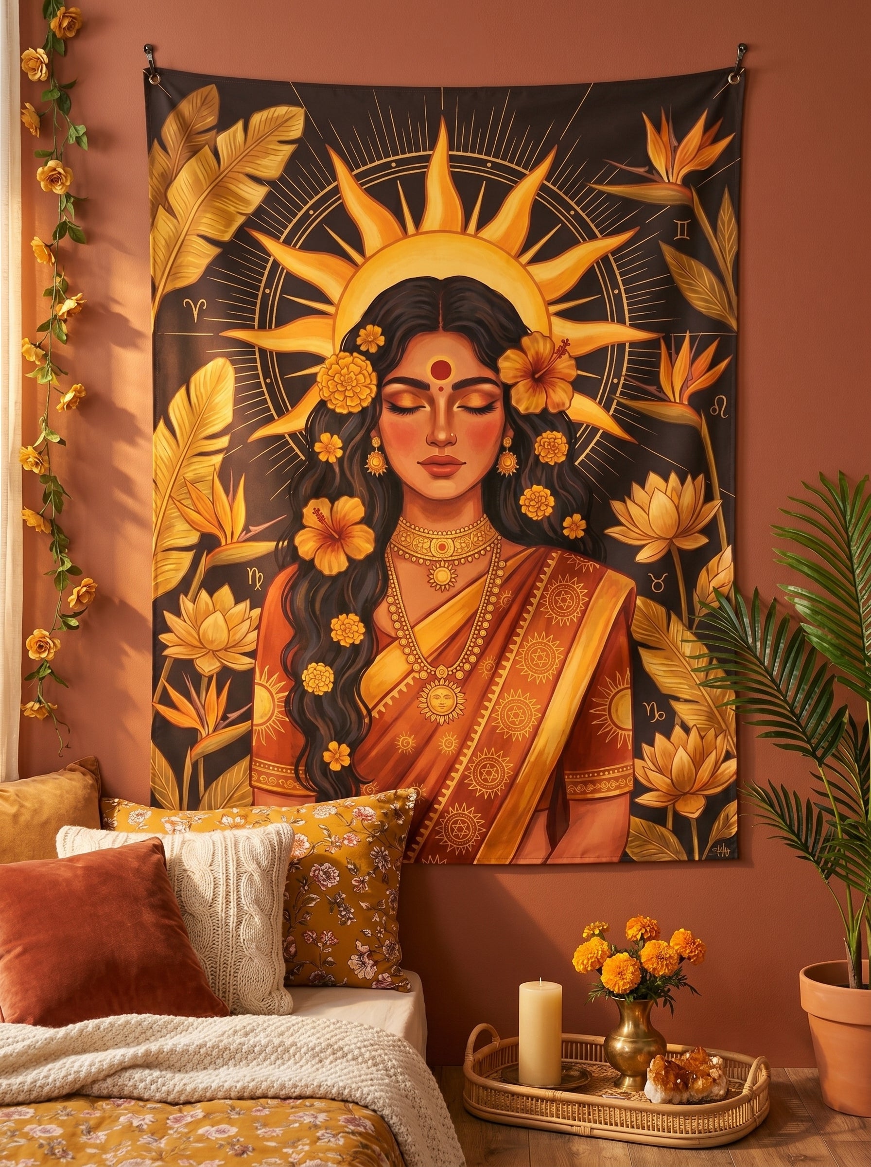 Decorative tapestry with a woman's face, sun, and flowers on a wall in a room with pillows and plants.