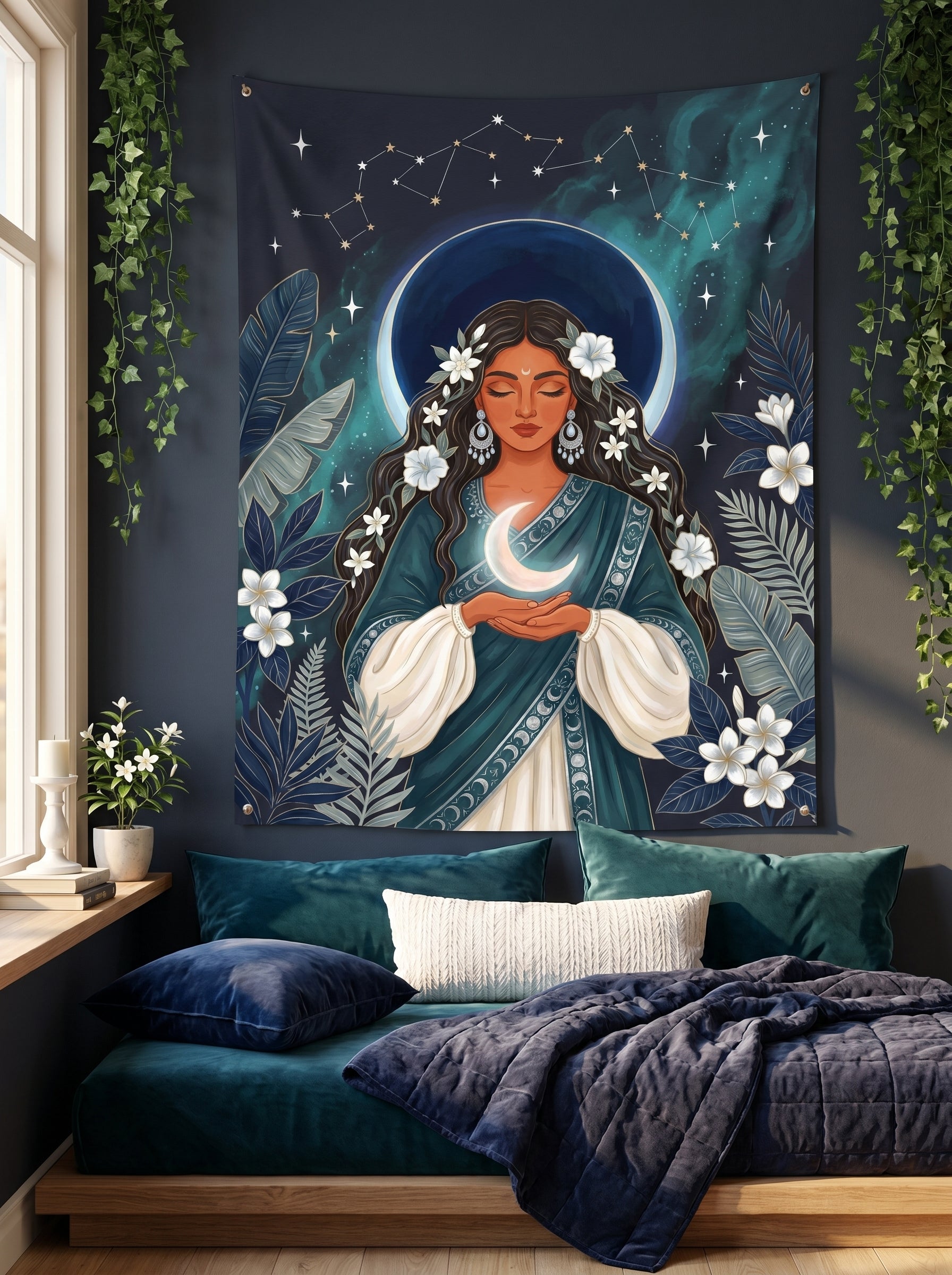 Decorative tapestry of a woman with flowers in a bedroom setting