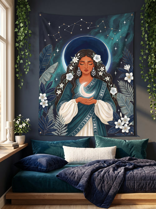Decorative tapestry of a woman with flowers in a bedroom setting