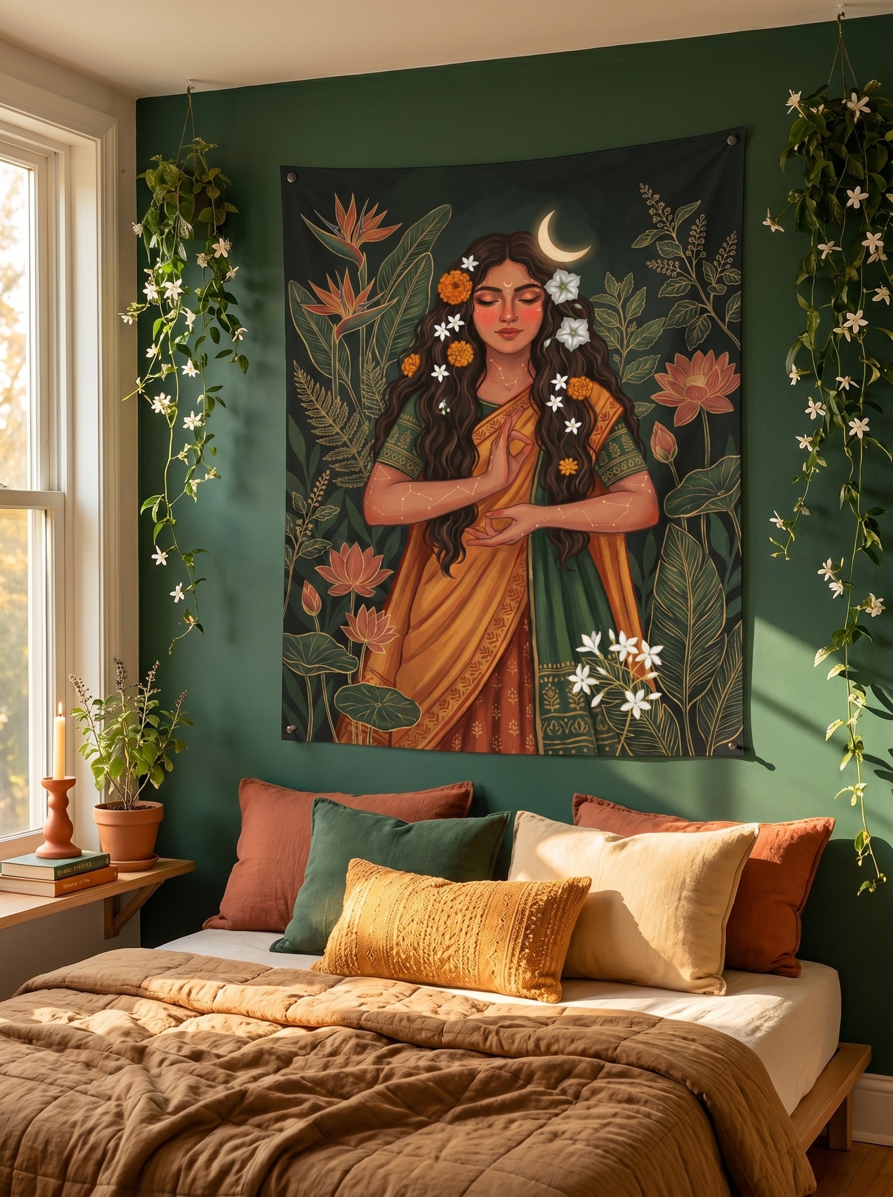 Decorative tapestry of a woman in a yellow sari with flowers and plants hanging on a green wall above a bed.