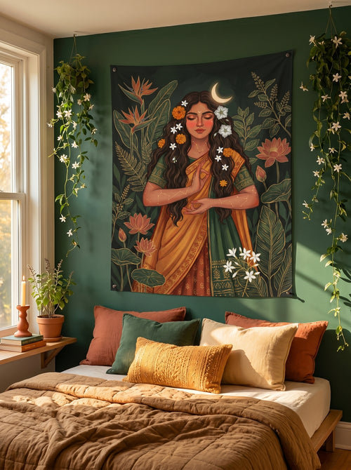 Decorative tapestry of a woman in a yellow sari with flowers and plants hanging on a green wall above a bed.