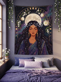 Tapestry of a woman with a moon in a bedroom setting