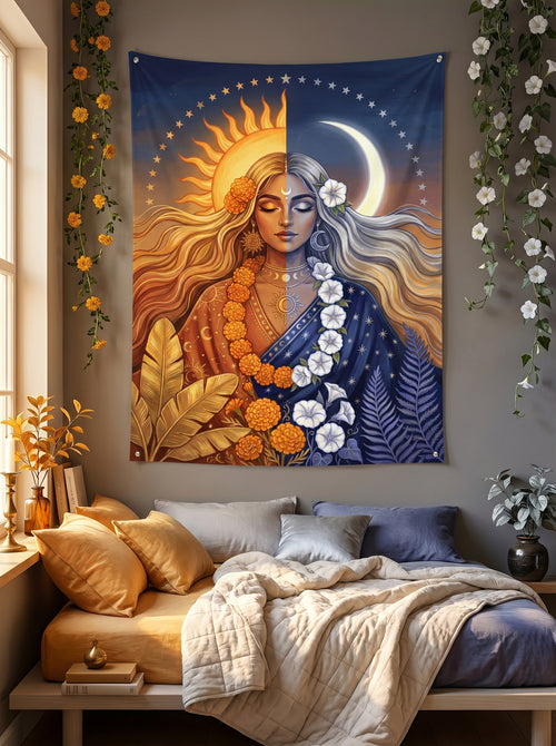 Tapestry with a design of a woman with sun and moon hair, flowers, and leaves in a bedroom setting.