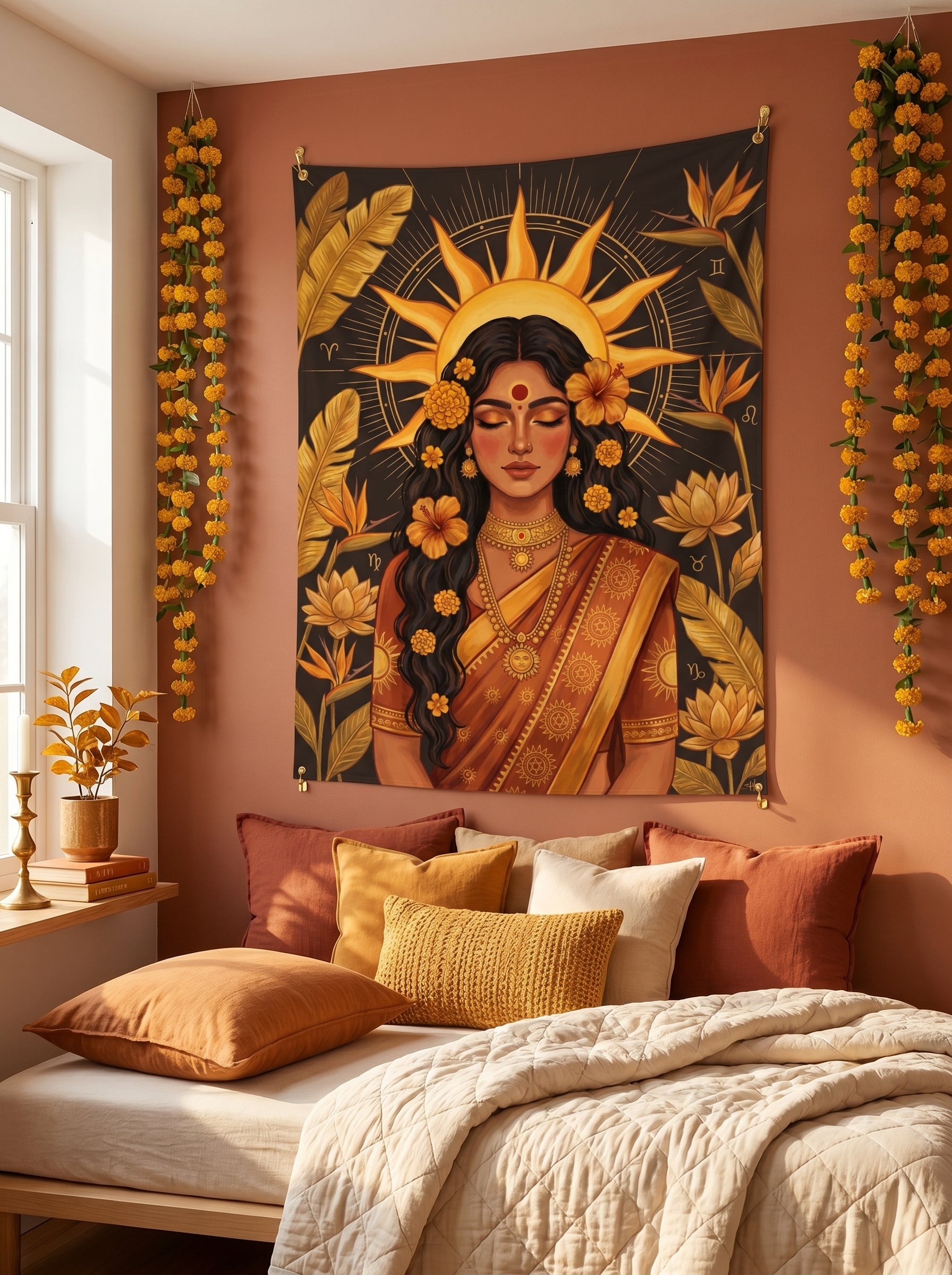 Decorative tapestry of a woman with a sun above her head in a bedroom setting.