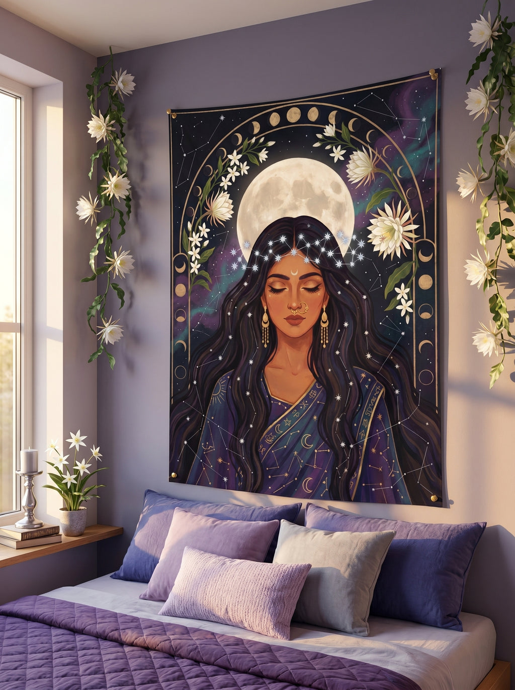 Decorative tapestry of a woman with a moon and flowers hanging above a bed in a bedroom.