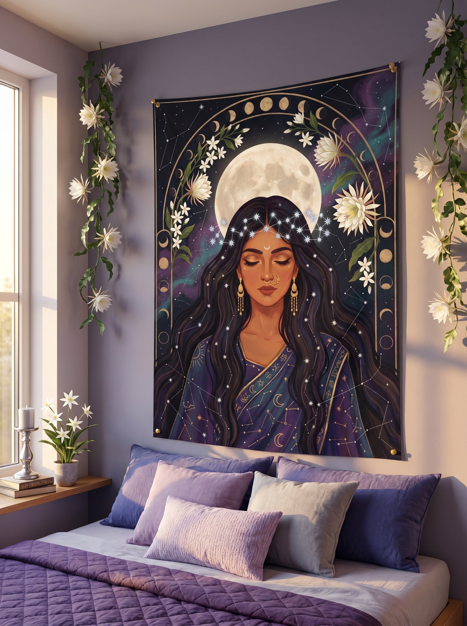 Decorative tapestry of a woman with a moon and flowers hanging above a bed in a bedroom.