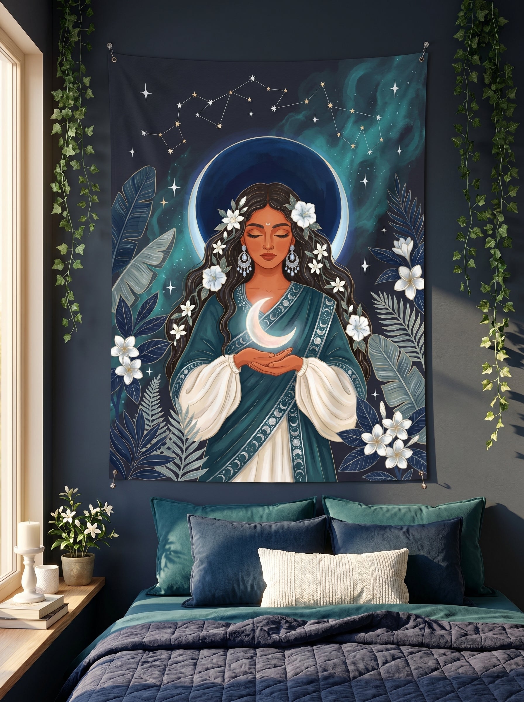 Tapestry with a woman holding a moon symbol in a bedroom setting