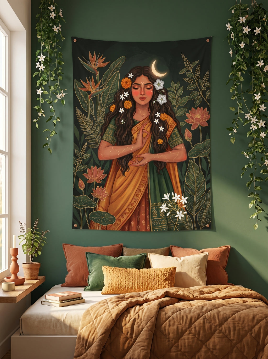 Tapestry of a woman in a yellow sari with flowers hanging above a bed with colorful pillows and bedding.