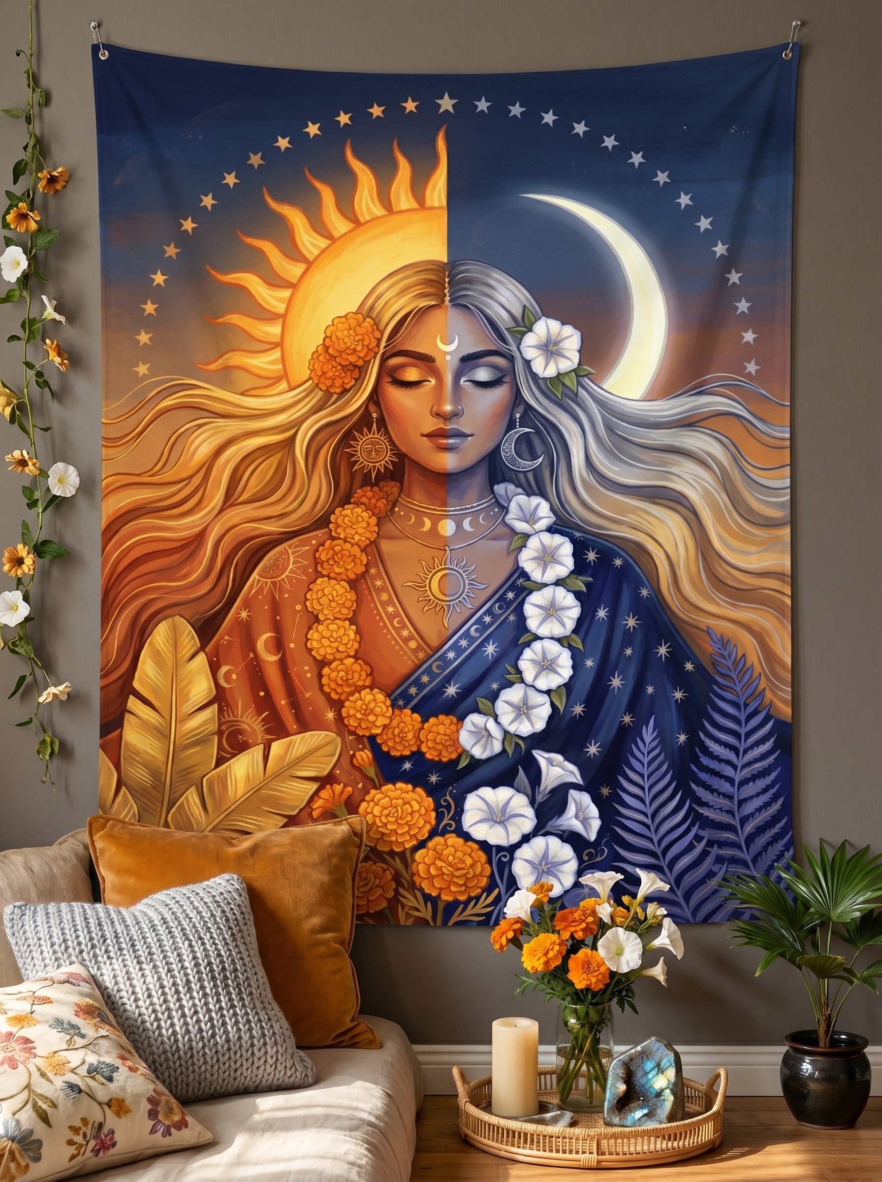 Tapestry with a design of a person with half sun and half moon on a wall above a sofa.