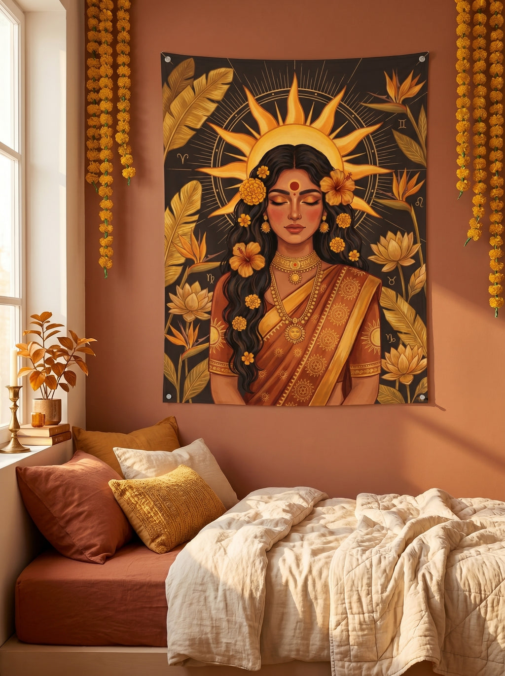 Decorative tapestry with a woman's face surrounded by flowers and leaves in a bedroom setting.