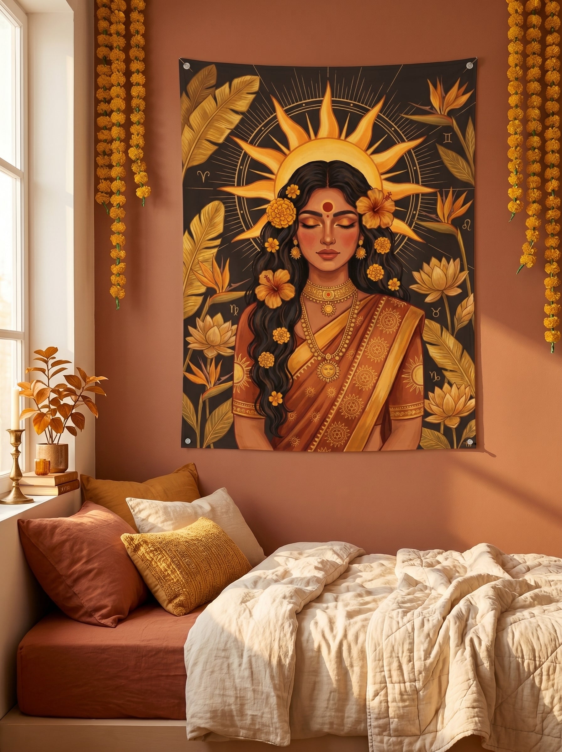 Decorative tapestry with a woman's face surrounded by flowers and leaves in a bedroom setting.