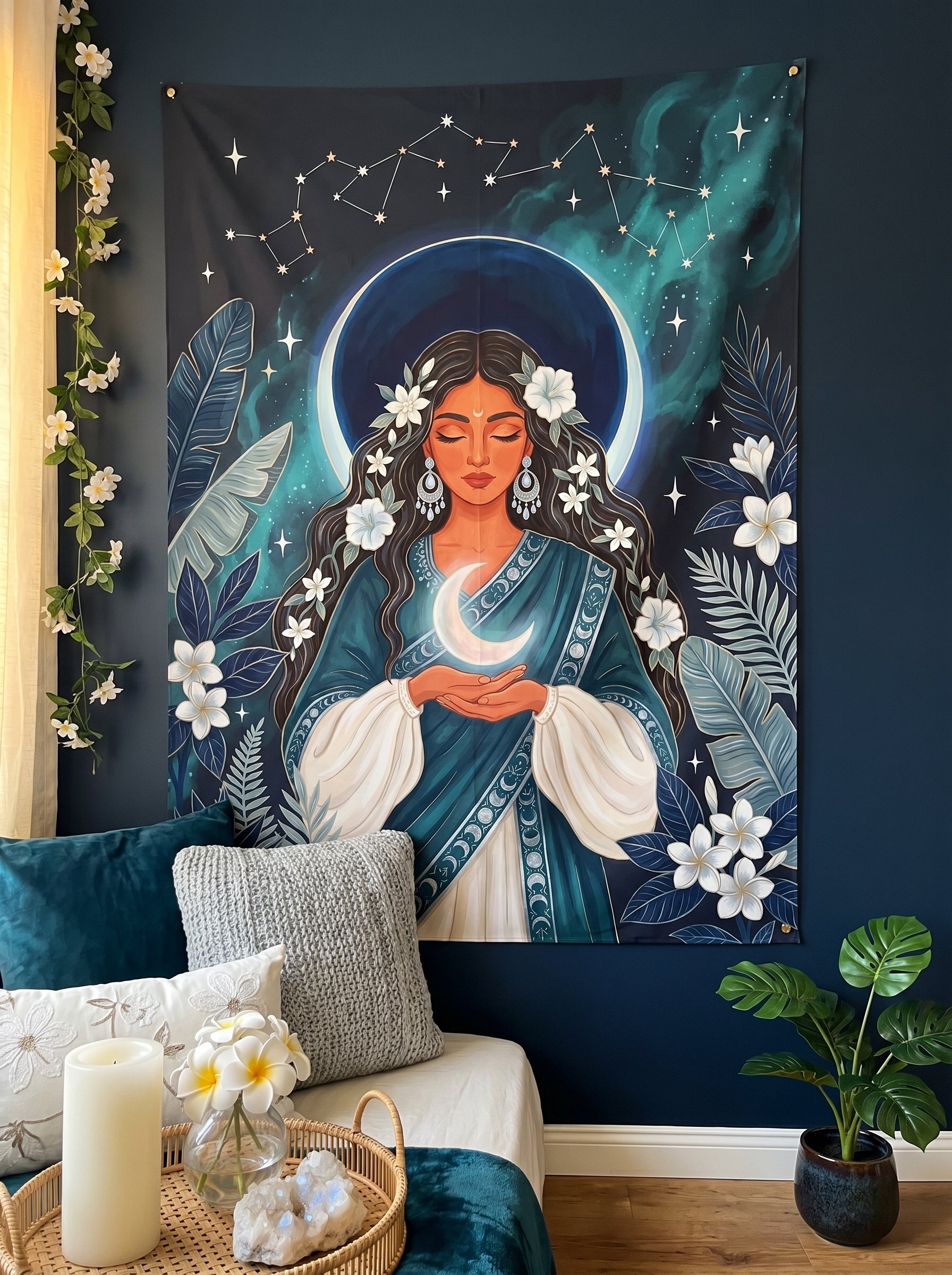 Decorative tapestry with a celestial design of a woman holding a moon, flowers, and constellations on a wall above a sofa.